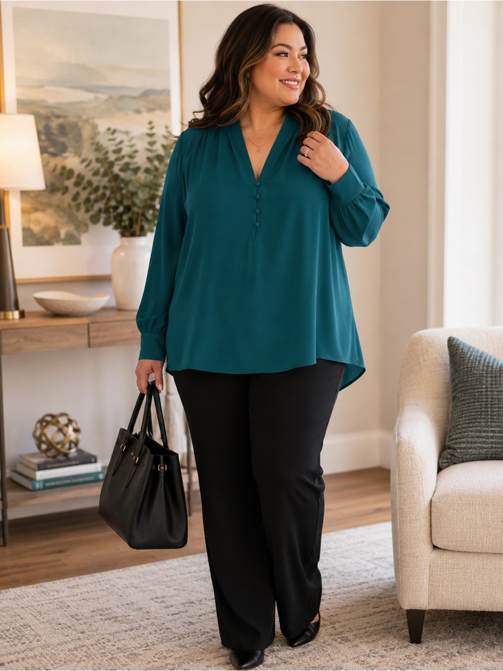 NWT Adrianna Papell 2X Teal Surplice Blouse Long Sleeve Plus Size Top - Picture 2 of 6